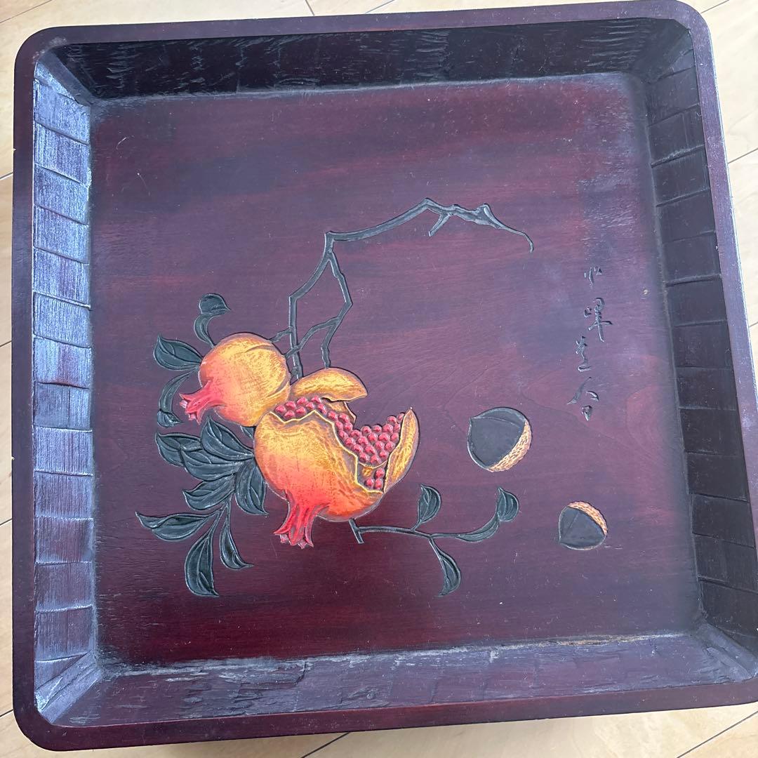 讃岐彫　四方盆　讃岐盆　5枚セット　手彫り 角盆 絵変り 讃岐木地漆