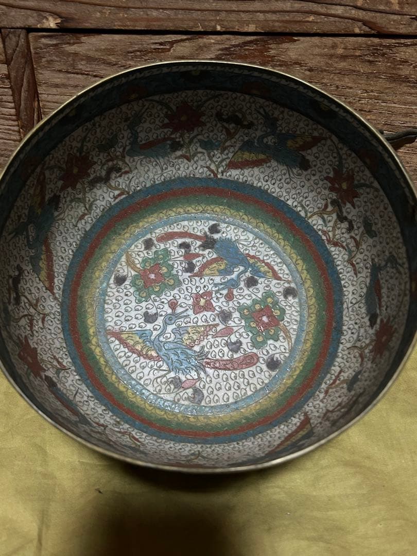 中国　明時代　花鳥文七宝　銅製　鉢　水指