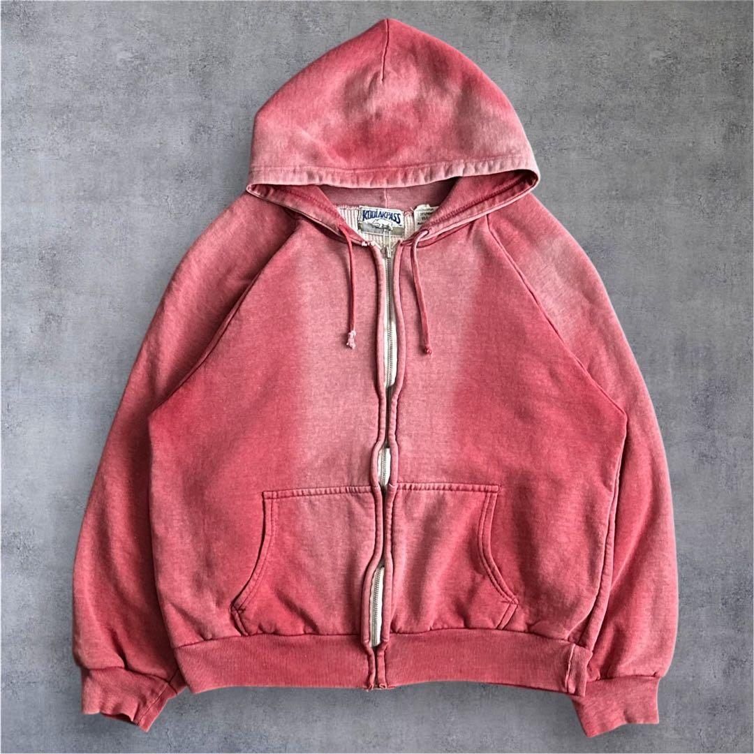 70s 80s 裏サーマル ルーマニア 短丈 ジップパーカー レッド フェード