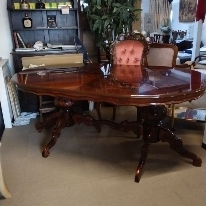 ダイニングテーブル 楕円形象嵌イタリア製ロココ式猫脚アンティーク調