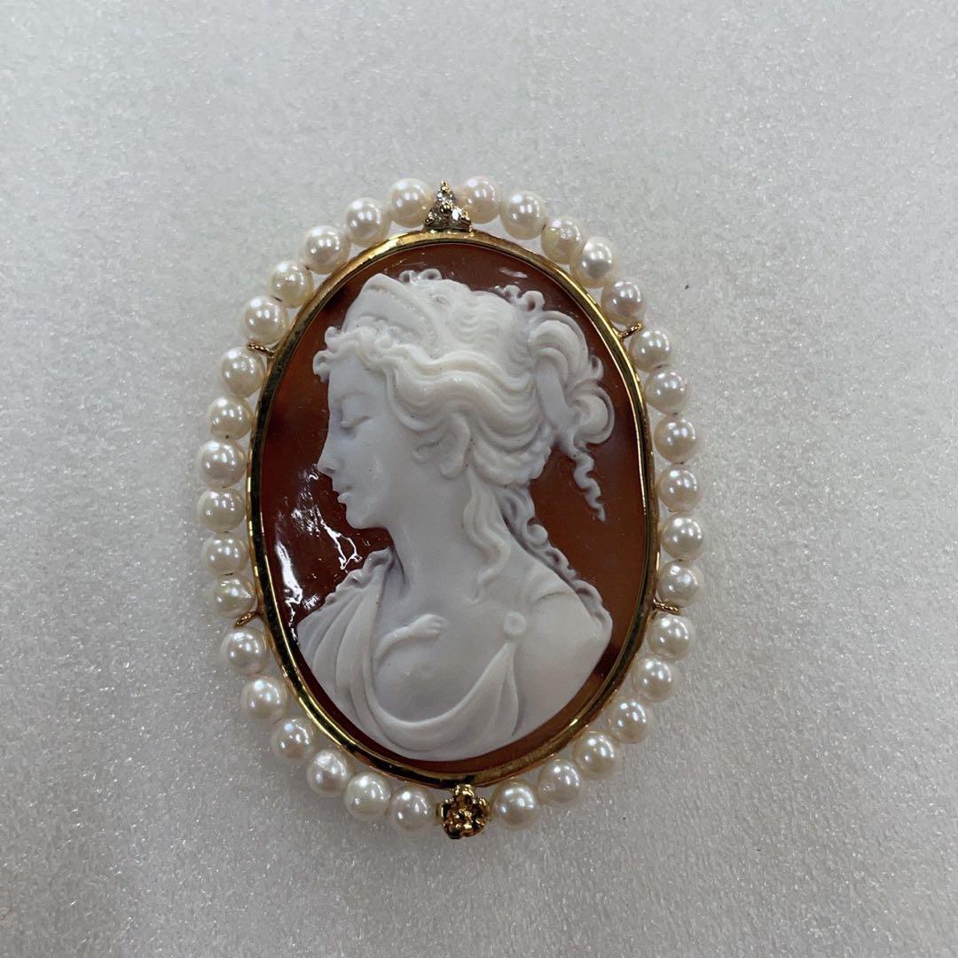 K18SV925シェルカメオアコヤパール付きブローチ ペンダント
