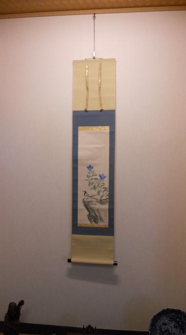 掛け軸 高田九伯 『 桔梗小禽図 』 紙本 希少 軸装 茶道具 掛軸 美品 です