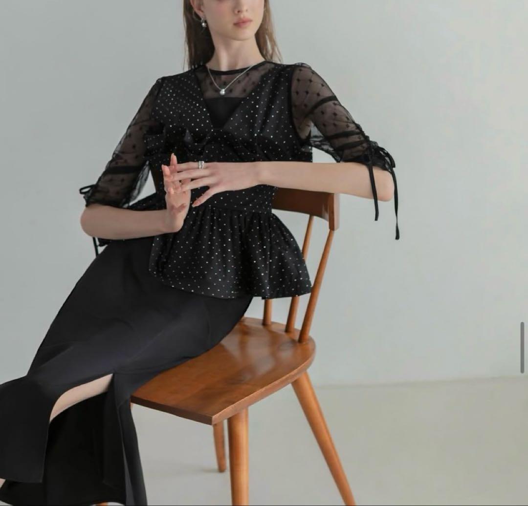 ドットストーンペプラムチュニックワンピース ブラック