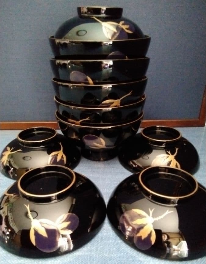 輪島塗　茄子の絵の吸い物椀　五客