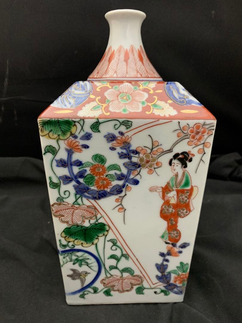 二重角福　美人画　色絵金彩　角瓶　壷　徳利　一輪挿し　古伊万里