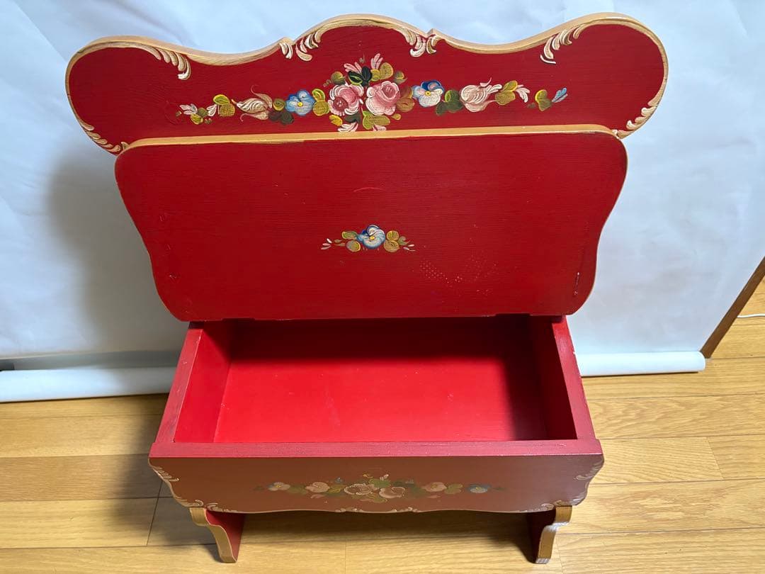 美品】アンティークトールペイント 椅子 ベンチ 収納付-アウトレット店舗