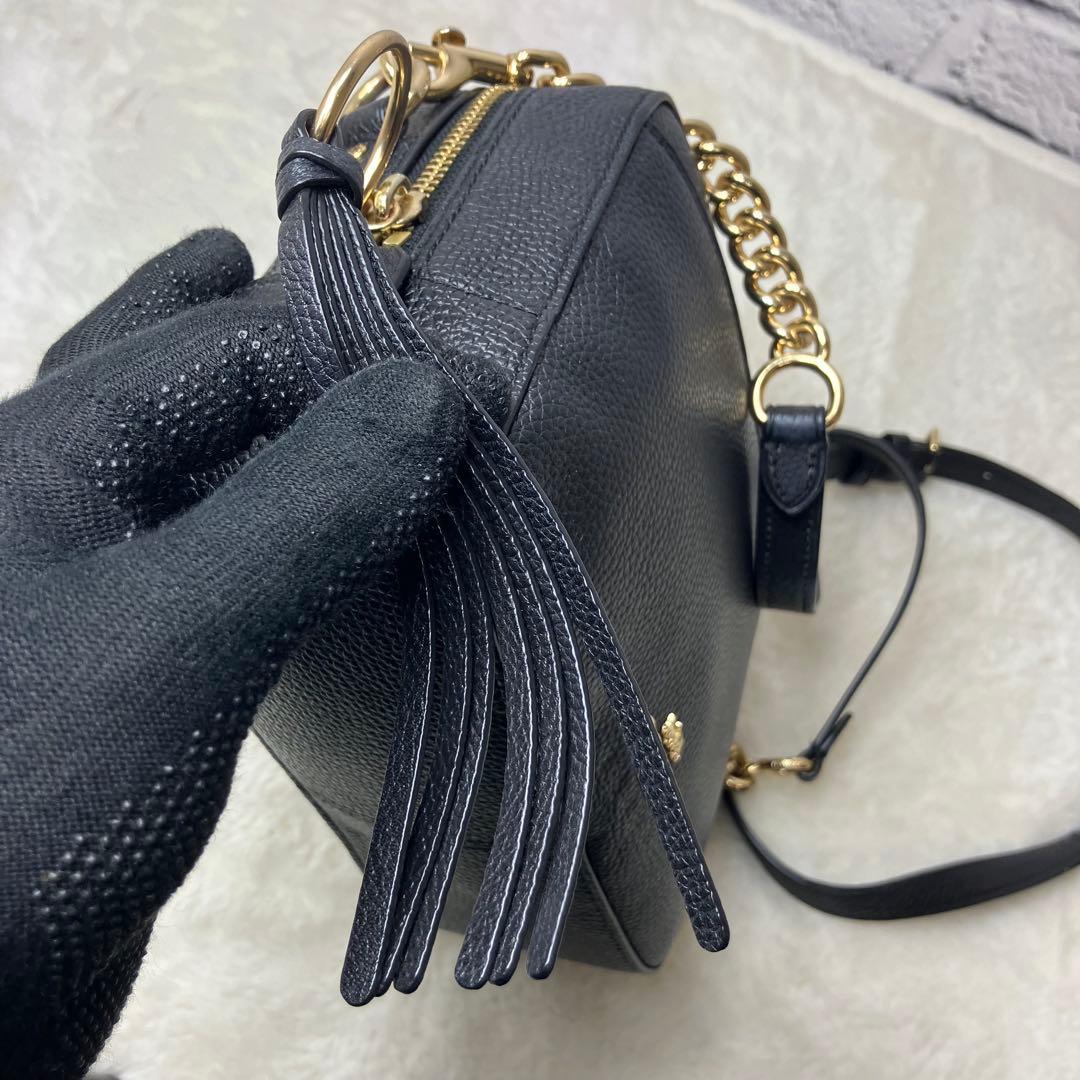美品✨コーチ カメラバッグ シボ革 チェーン ゴールド金具 ショルダーバッグ 黒
