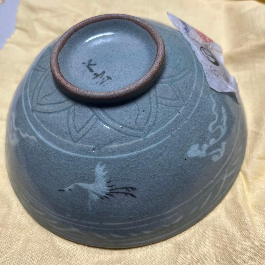 水広陶窯 李貞夏造 高麗象嵌青磁茶碗（共箱） 青磁象嵌雲鶴