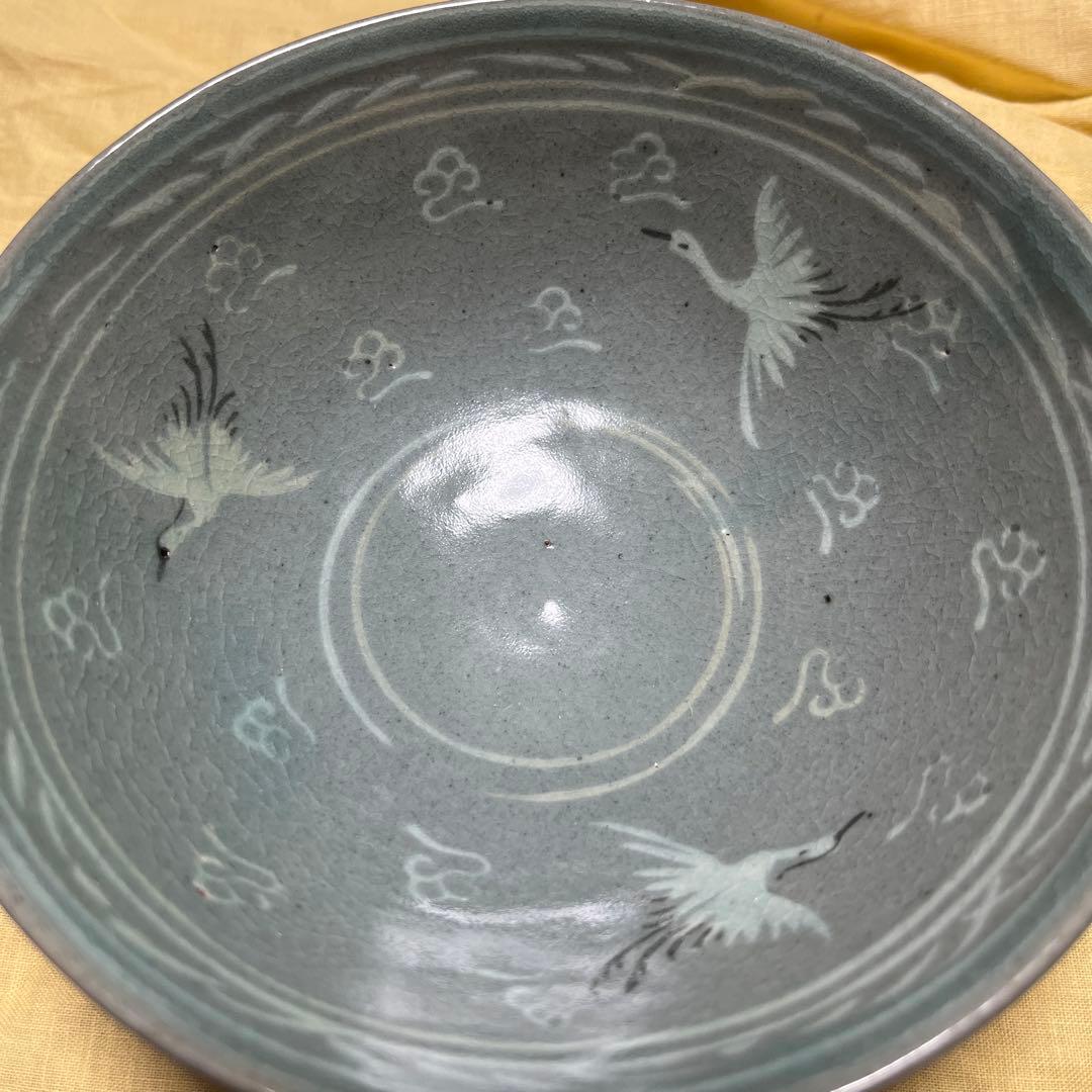 水広陶窯 李貞夏造 高麗象嵌青磁茶碗（共箱） 青磁象嵌雲鶴