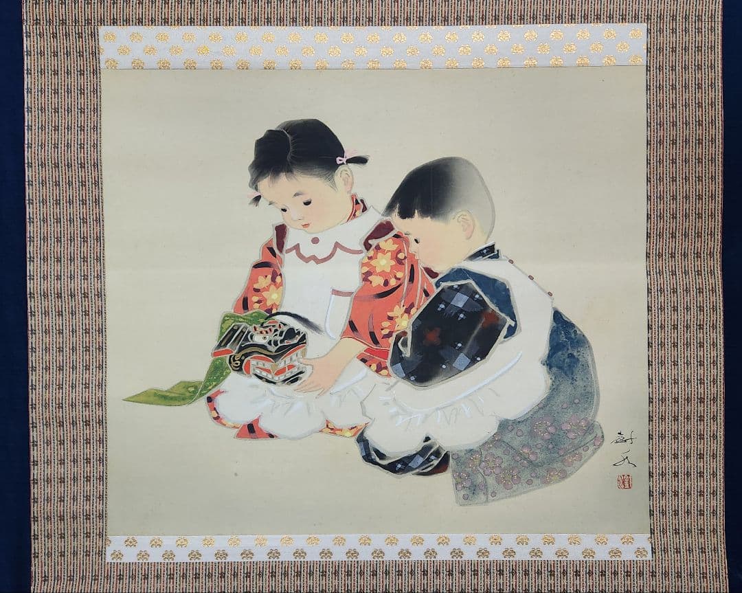 童図】田中針水 738 こども わらべ 掛け軸 肉筆