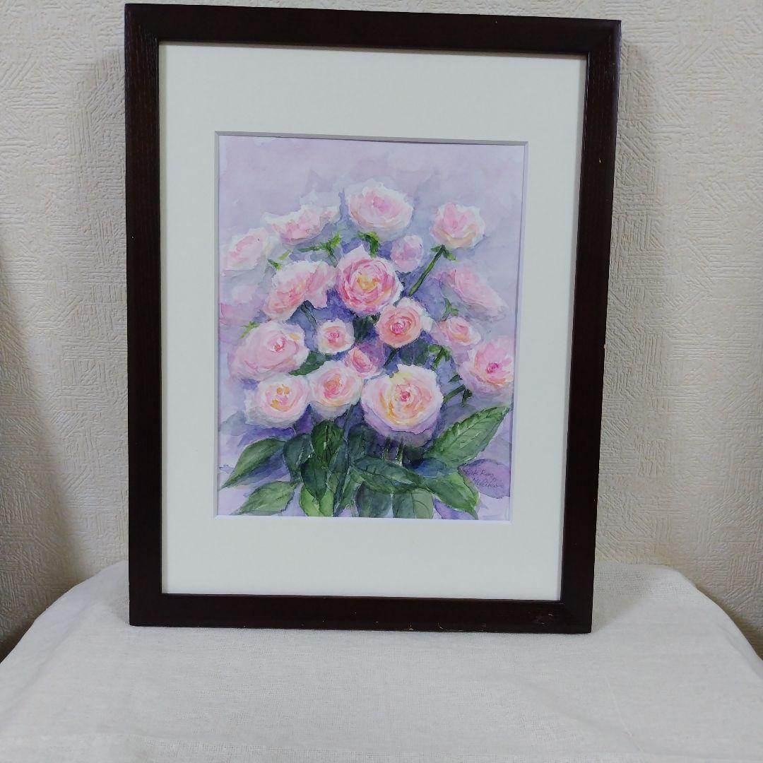 水彩画　F3  ピンクローズ 水彩画 F3 ピンクローズ