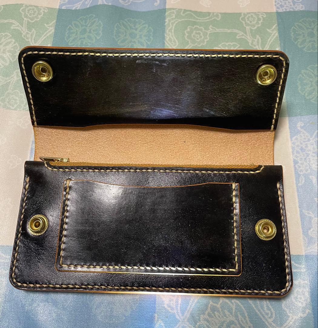 トラッカーウォレット　ロングサイズ　ハンドメイド　黒　ブラック　本革　ヌメ革