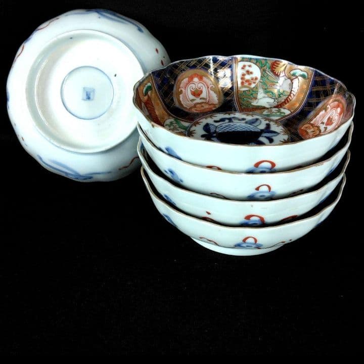 明治～大正 古伊万里 絢爛豪華 金襴手 二重角冨紋 膾皿 5客揃 角富 なます皿