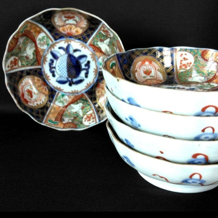 明治～大正 古伊万里 絢爛豪華 金襴手 二重角冨紋 膾皿 5客揃 角富 なます皿