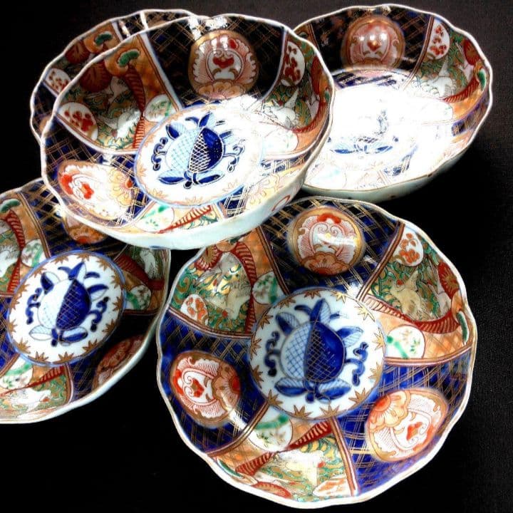 明治～大正 古伊万里 絢爛豪華 金襴手 二重角冨紋 膾皿 5客揃 角富 なます皿