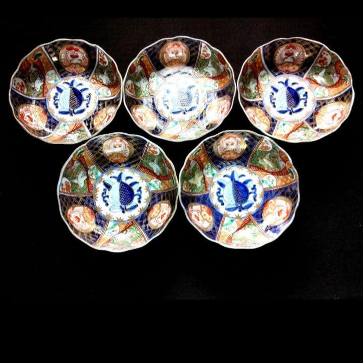 明治～大正 古伊万里 絢爛豪華 金襴手 二重角冨紋 膾皿 5客揃 角富 なます皿