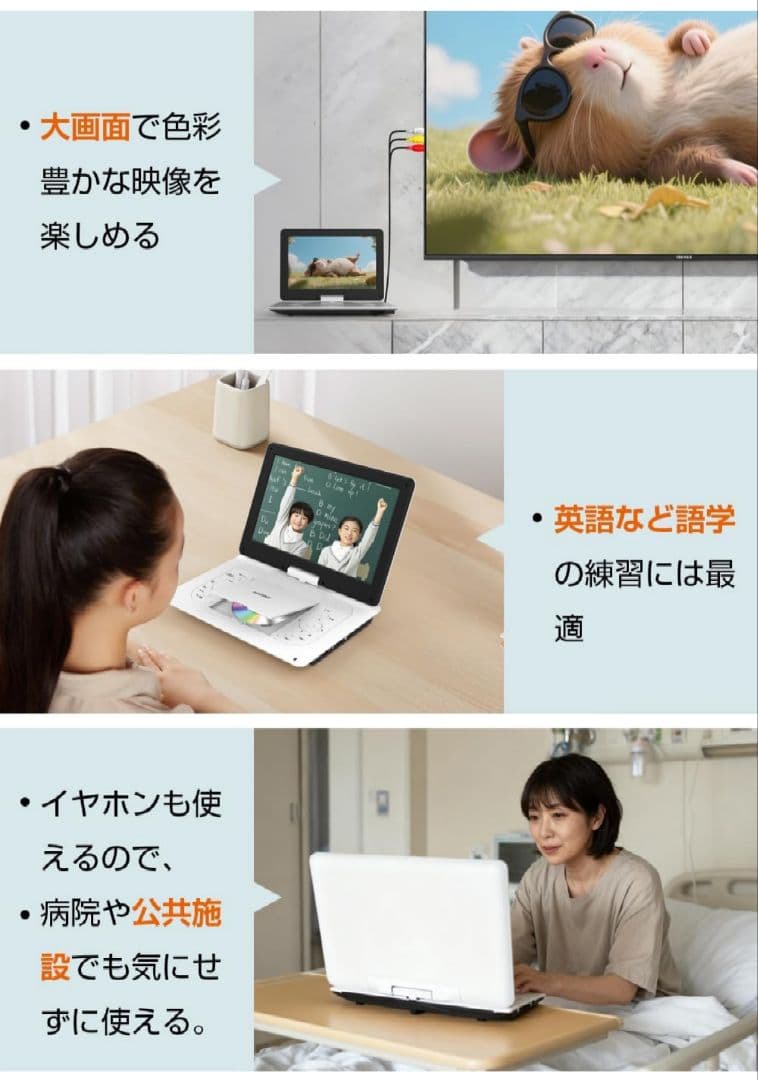 新品】ポータブルDVDプレーヤー 14.1インチ TV同期可能 270°回転