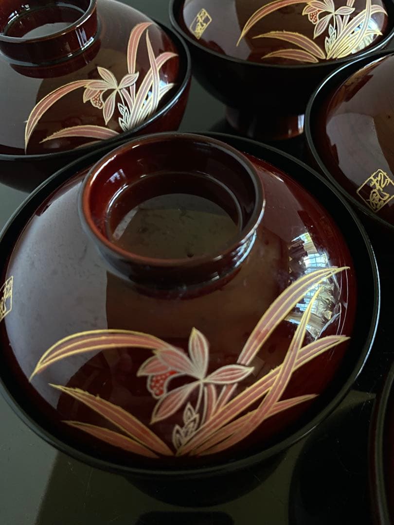 未使用◇特選漆器 蓋付 御吸椀揃 会津塗 竹峯 春慶 新 ラン 天然木五客