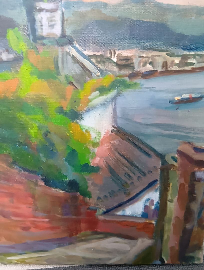 風景画 油彩画 多彩な色使い　 タイトル『長崎港の天主堂』