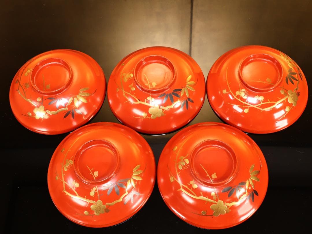 BK416 時代輪島塗 松竹梅図蒔絵 吸物椀 五客 木製 茶道具 懐石 会席