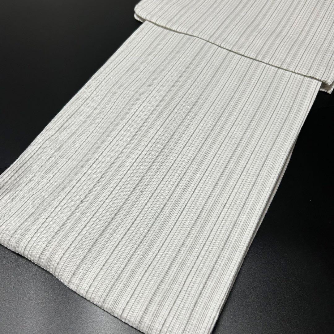 古典しじら織　浴衣　綿　粋な夏着物　縞柄　献上帯 半幅帯白　2点　0808①