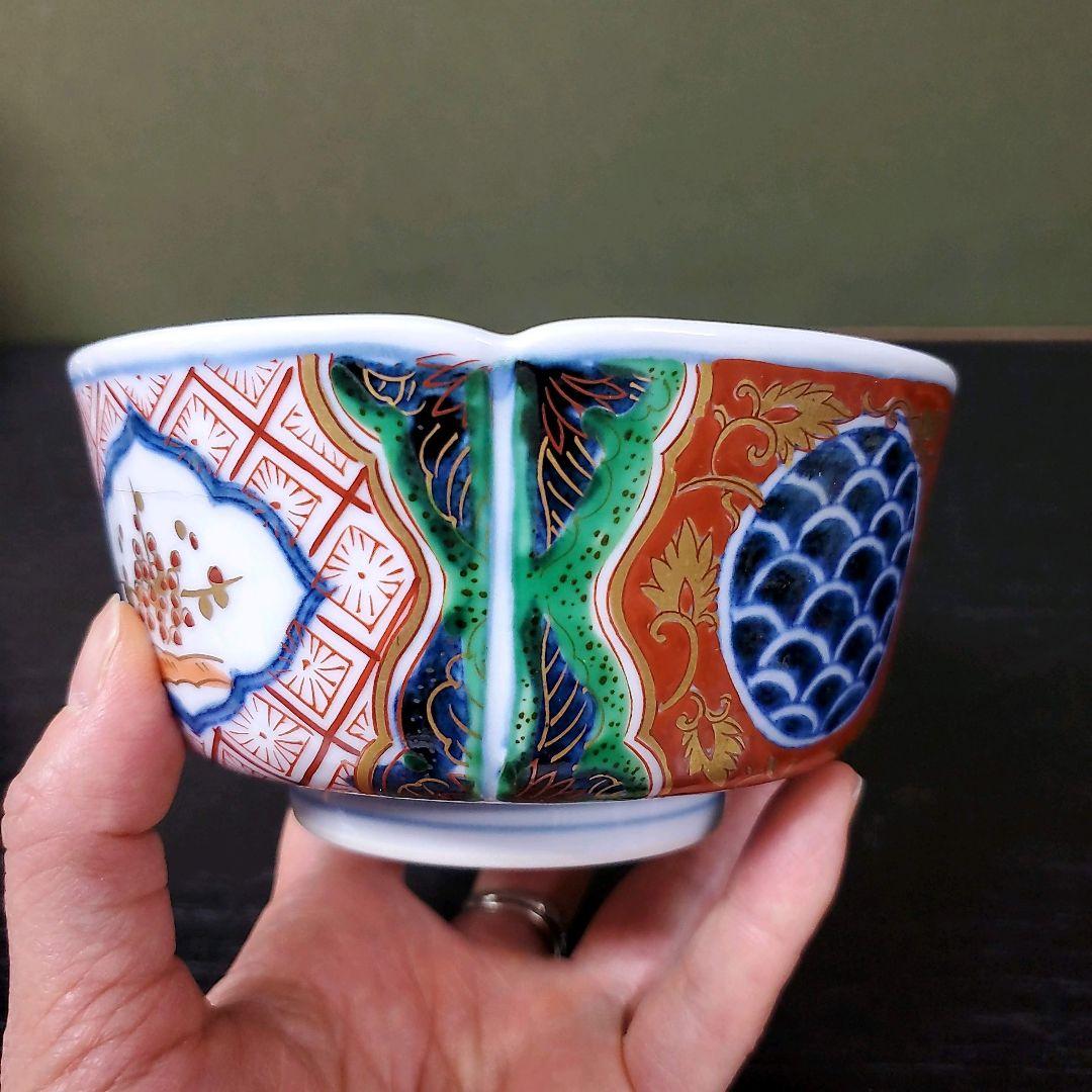 (451)✿有田焼★藤右ェ門窯★万歴赤絵木甲型小鉢5個セット★破魔オマケ付き★