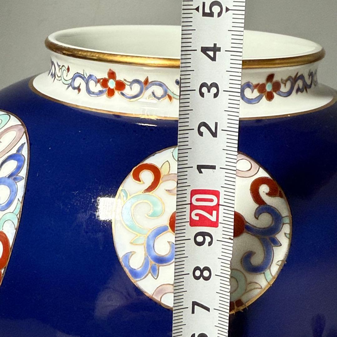 オールド香蘭社　昭和10年頃　色絵丸文様花瓶　鮮やかな香蘭社ブルー　里帰り品