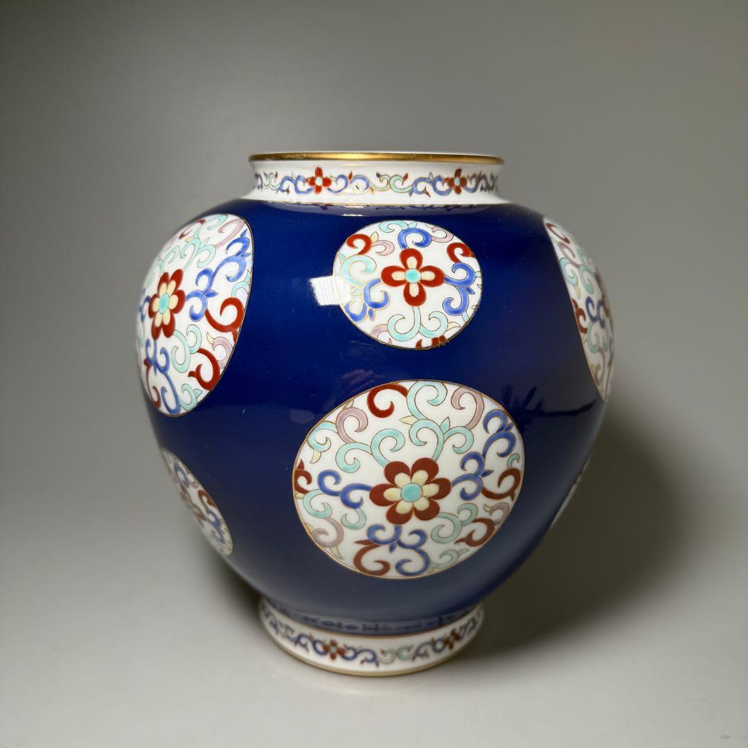 オールド香蘭社　昭和10年頃　色絵丸文様花瓶　鮮やかな香蘭社ブルー　里帰り品