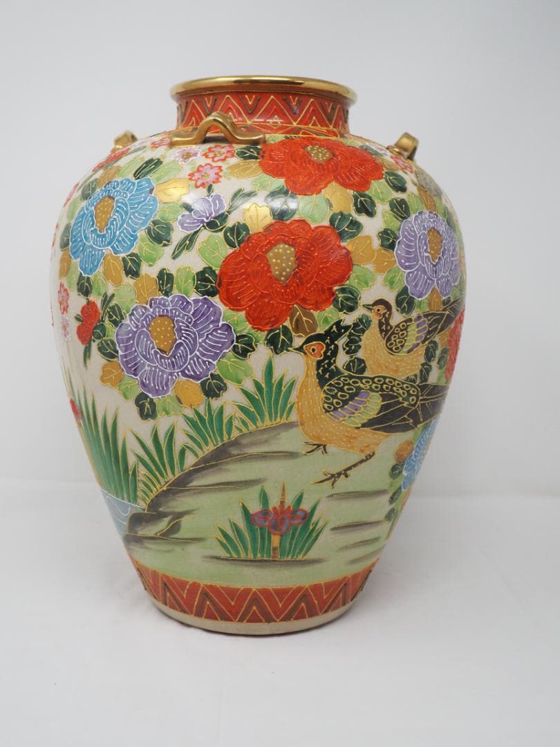 色絵金彩花鳥図 花瓶 薩摩焼 耳付壺 -SO - メルカリ