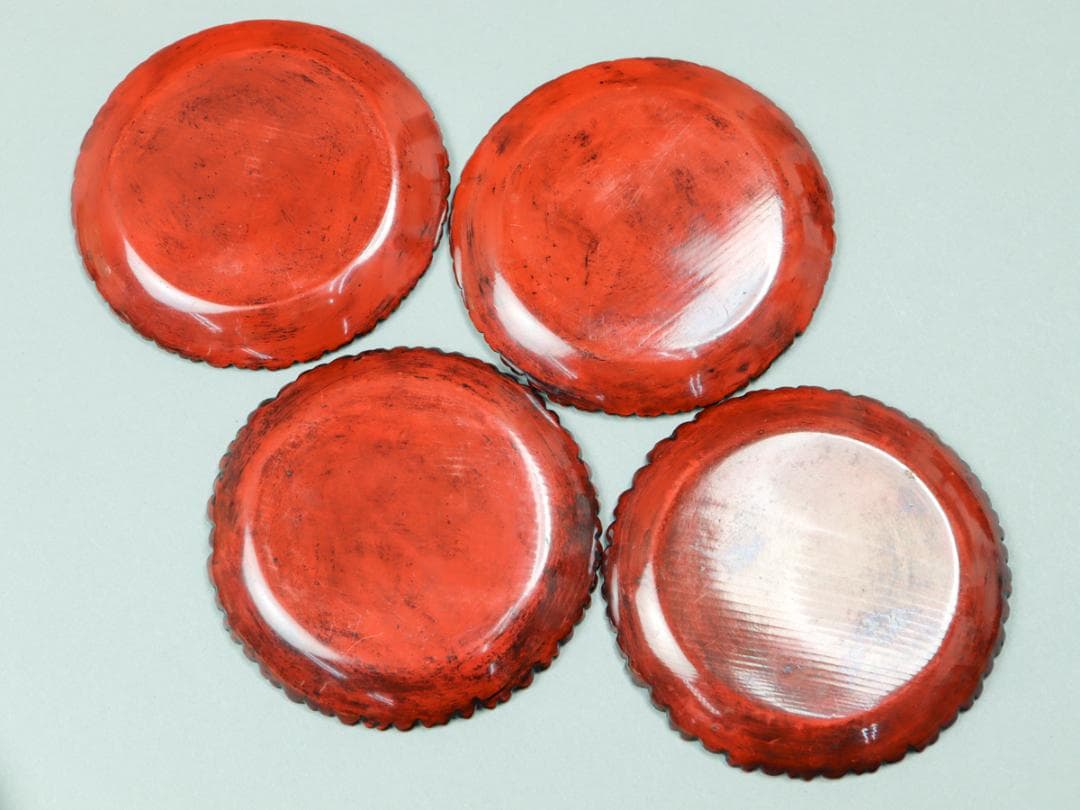 鎌倉彫 銭堂製 二重菊菓子取 4枚 菓子皿 共箱