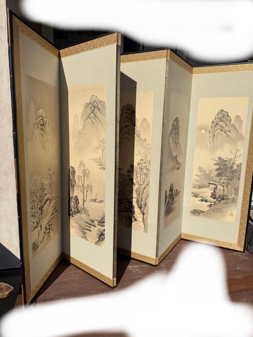 山水　屏風　昭和レトロ 水墨画 衝立 アンティーク　引き取り手渡