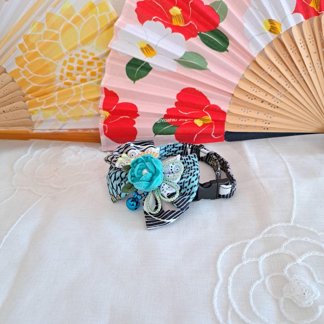 和風つまみ細工付き(赤②)わんちゃん猫ちゃん用襟つき首輪