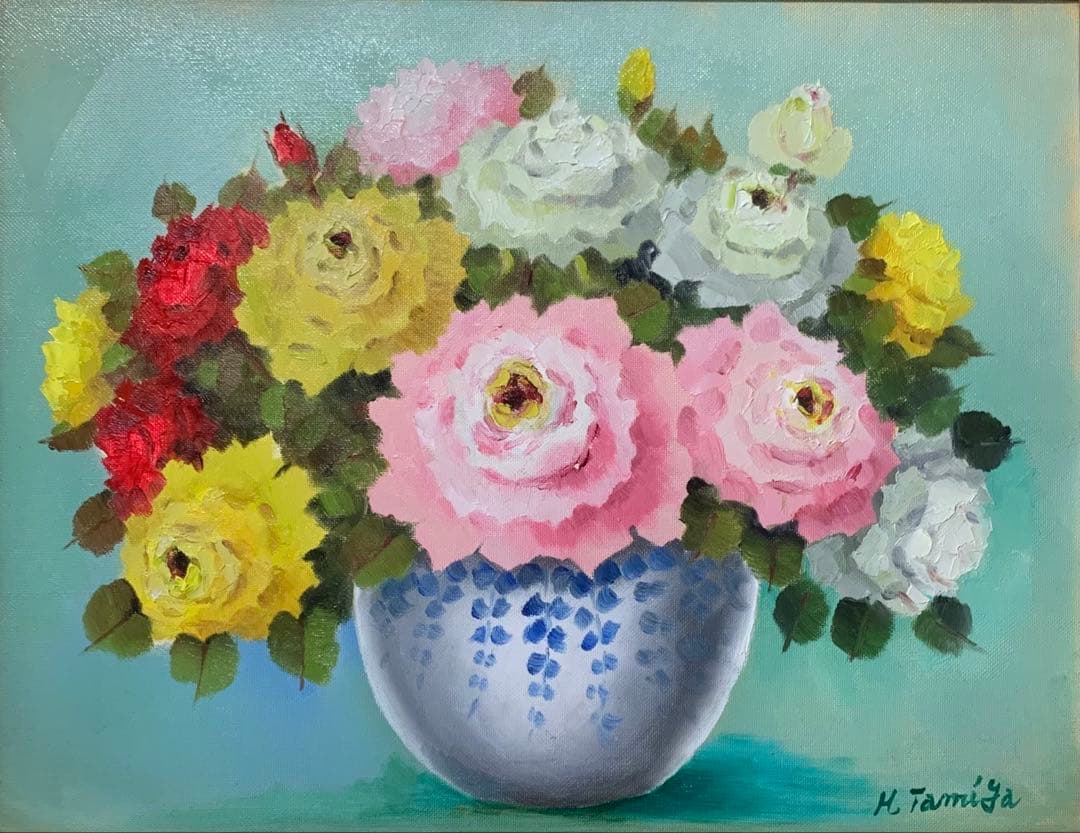 絵画額装　油彩肉筆画　真作　田宮博夫『ばら』F6