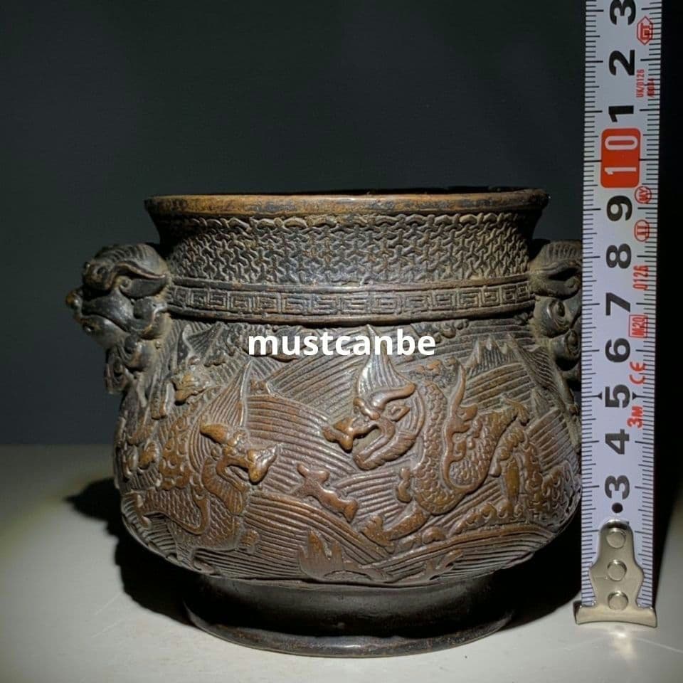 香炉 浮彫り竜紋獣耳香炉 挿し香炉 銅製品 工芸品 置物