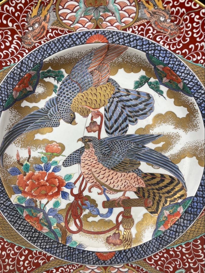 有田焼 神右衛門作 染錦 金襴 大皿 75cm鷲 鷹 双龍 唐草文様