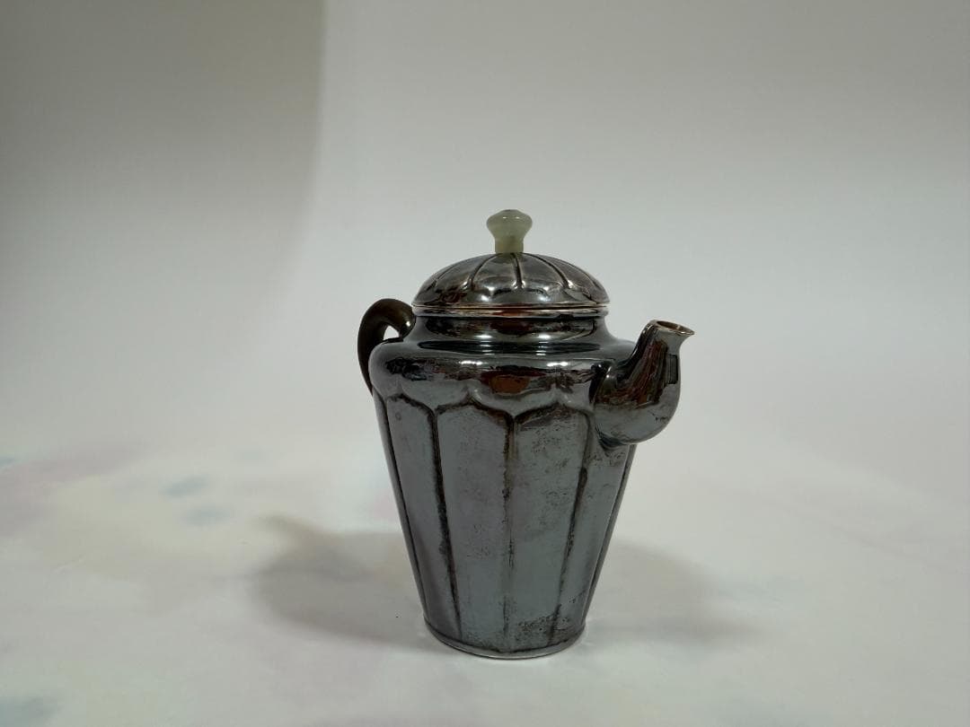 純銀製 菊筋文 玉石摘 急須 銀瓶 煎茶道具