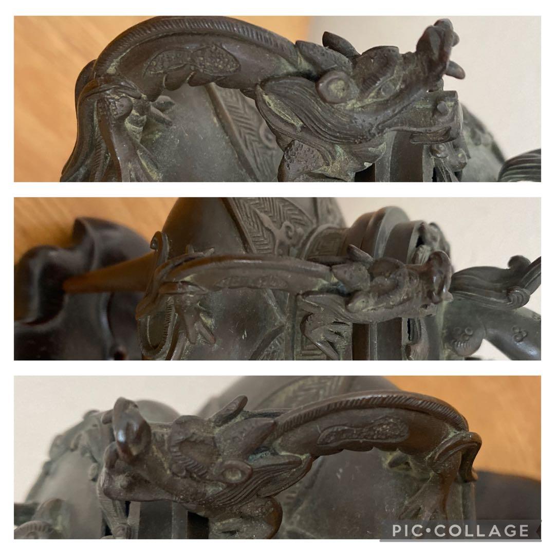 古玩 獅子蓋龍耳香炉 三脚香炉 銅器彫刻 香櫨 三つ足香炉 中国美術