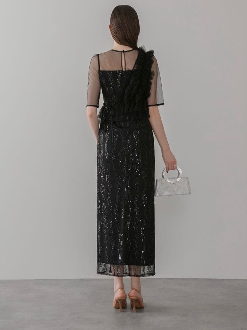 アシンメトリーフリルチュールIラインワンピースドレス結婚式パーティー二次会成人式