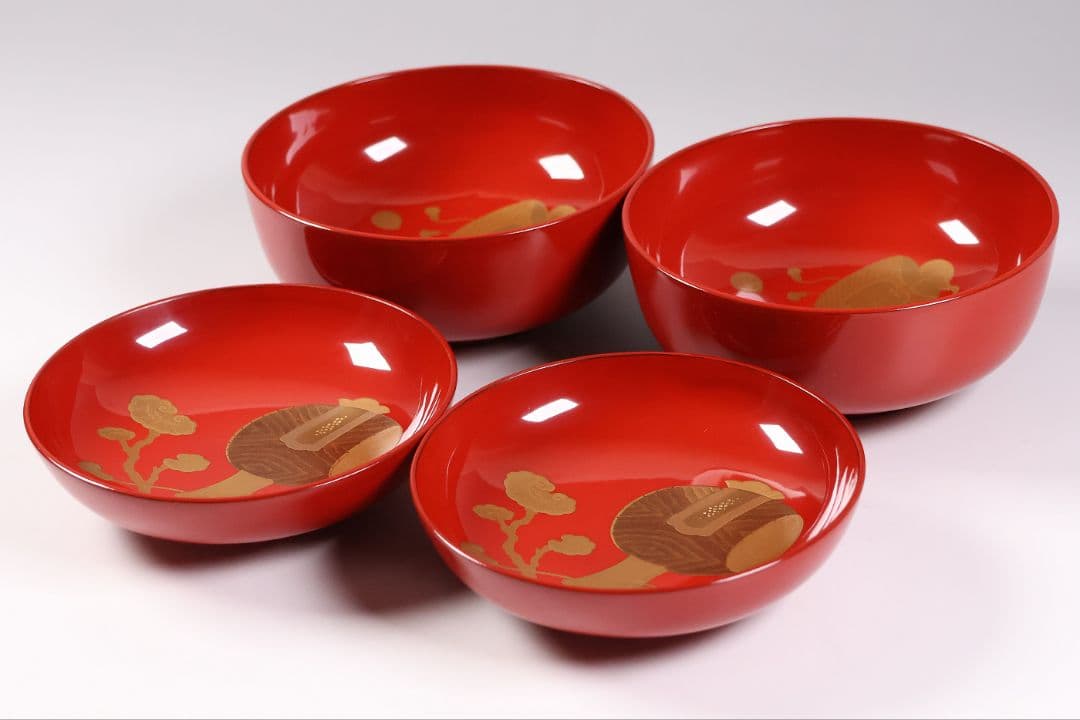 【MB35】輪島塗 宝尽くし金蒔絵 朱塗椀 二客 小槌 軍配 霊芝 木製漆器
