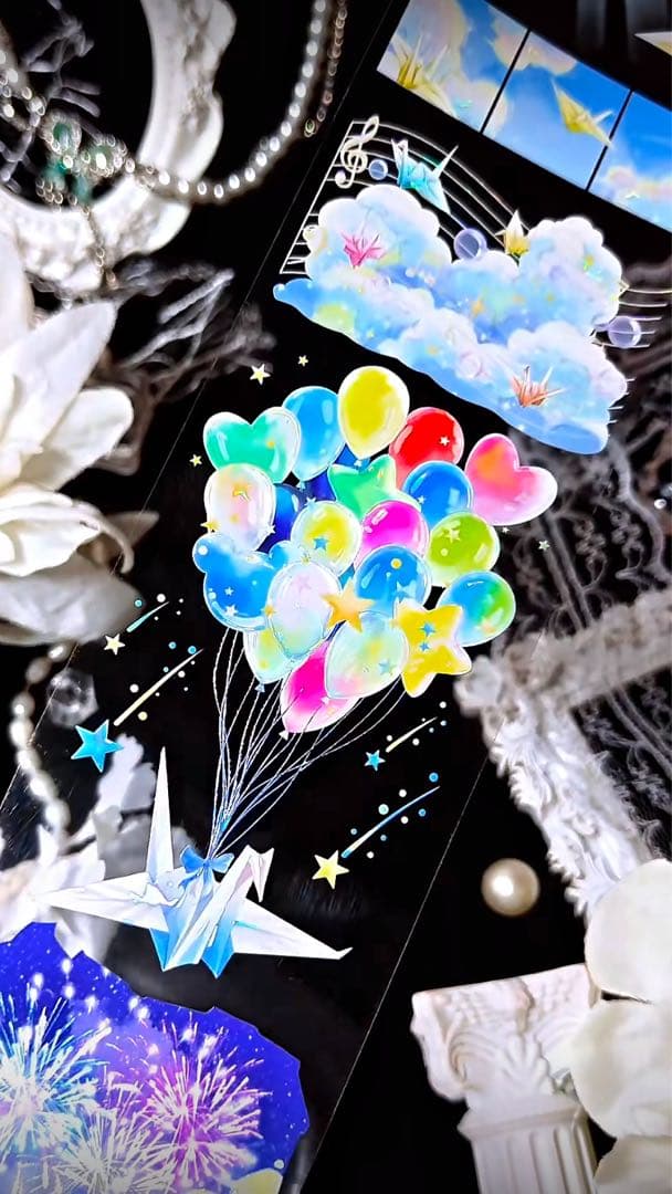 【8901】海外　マステ　3/5/巻　貝殻光マスキングテープ　虹　空　折り鶴