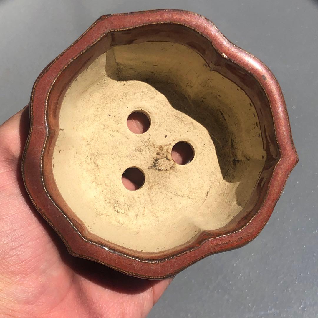 157.石舟 赤鉄釉飾足鉢 盆栽鉢 植木鉢 10*5.5cm