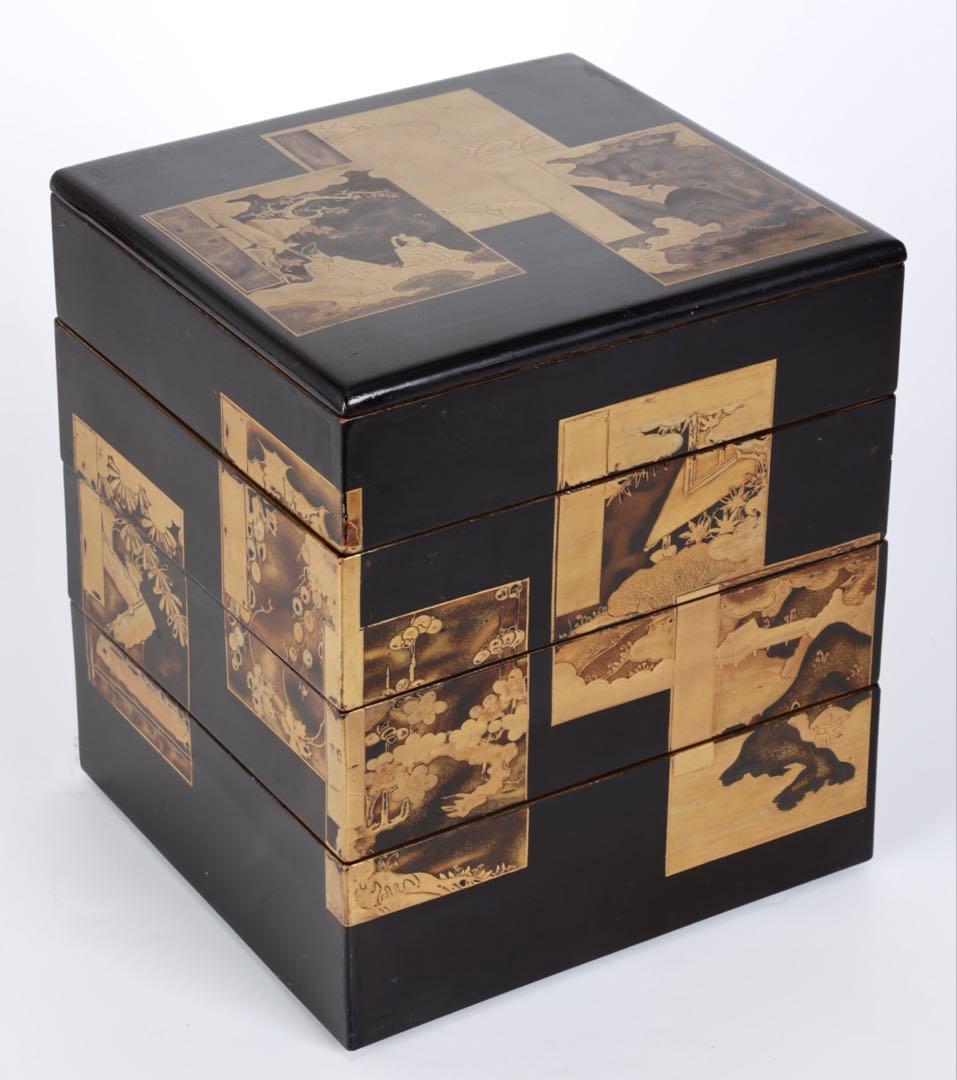 漆塗金蒔絵 野弁当 野点 花見重 重箱 錫製徳利 台付 骨董 古美術漆器　漆