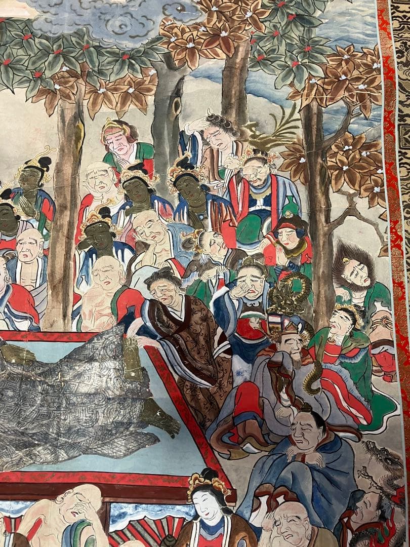 掛軸 釈迦涅槃図 大幅軸 紙本 彩色 仏画 仏教美術 年代物 時代物 合