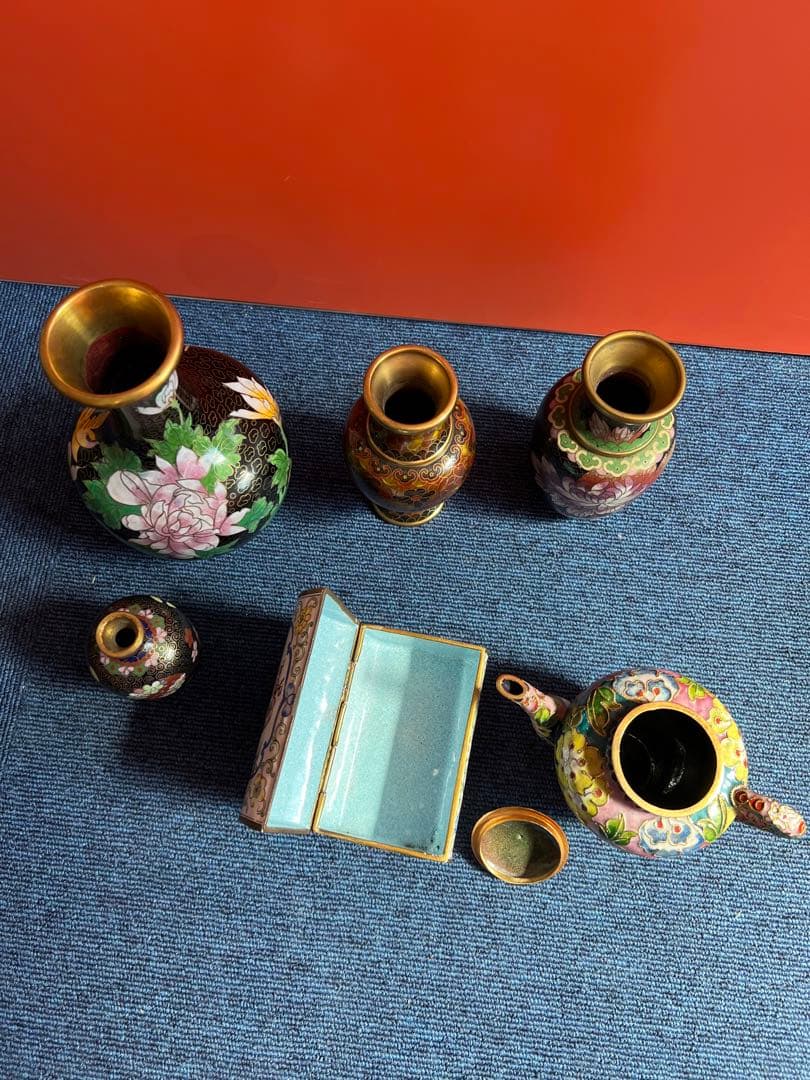 1012  中国　景泰藍　七宝　琺瑯　急須1   花瓶4  小物入れ1  時代物