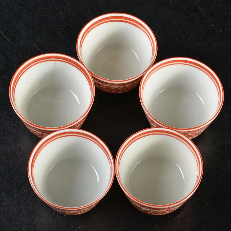 九谷焼 古九谷 赤絵 漢詩花蝶文 煎茶碗 角福銘 五客 時代箱付 D R6328