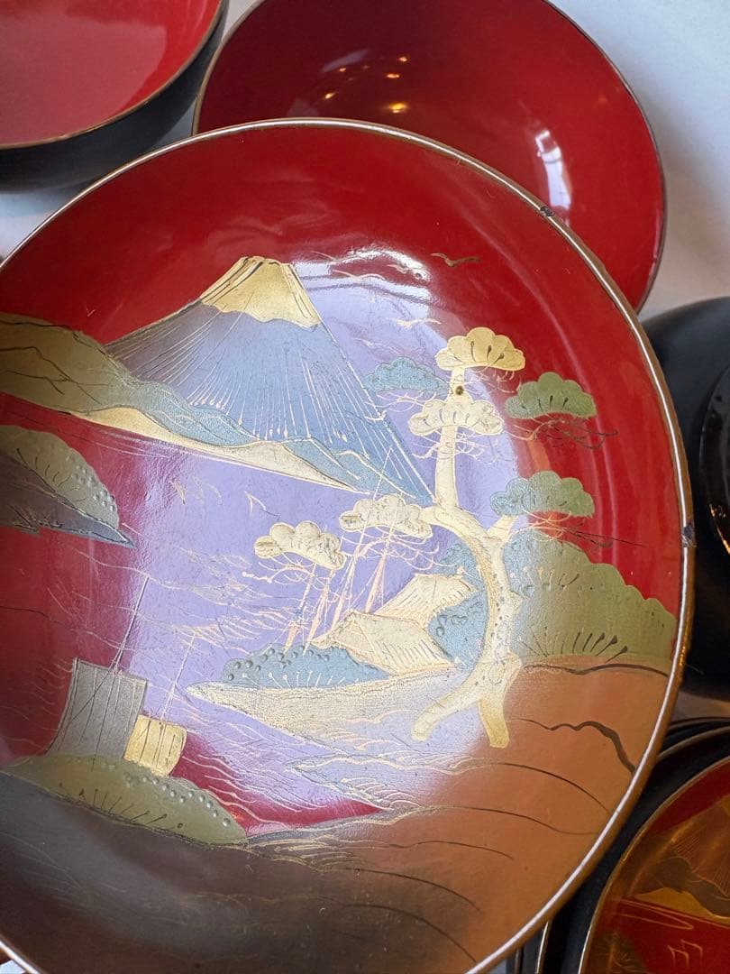 明治 大正期 会津塗 鉄錆塗 蒔絵 富士山 木製 蓋付き お椀 梅鶯