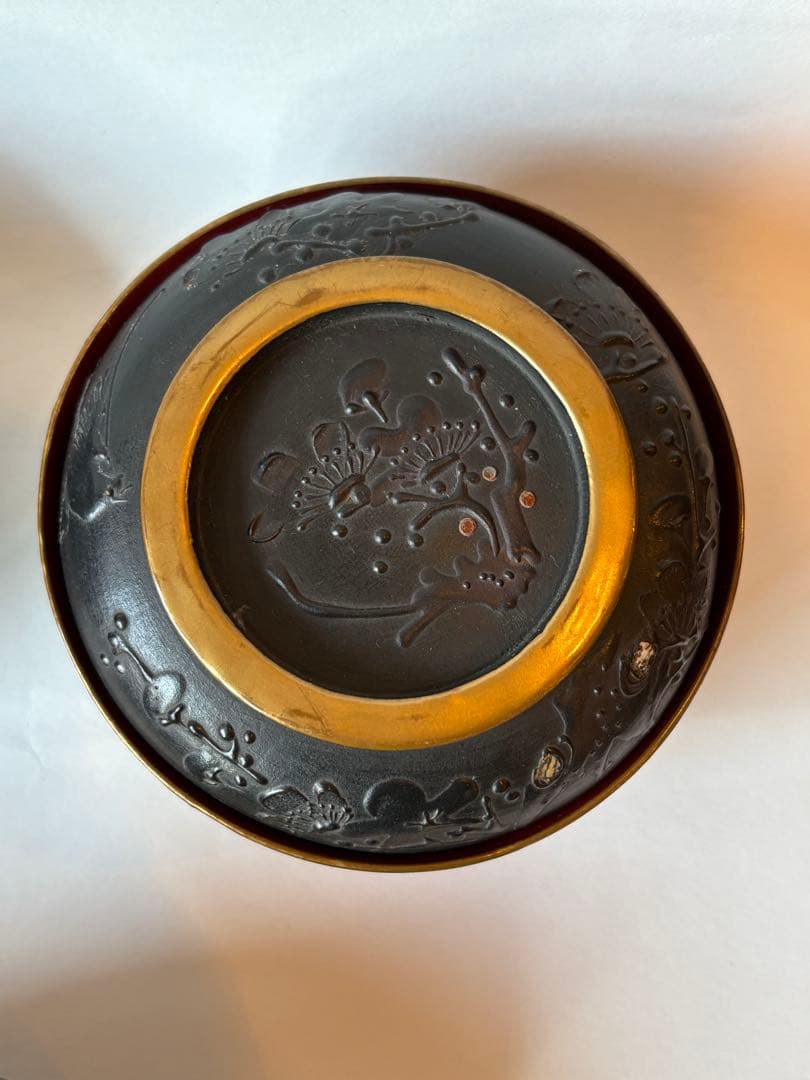 明治 大正期 会津塗 鉄錆塗 蒔絵 富士山 木製 蓋付き お椀 梅鶯