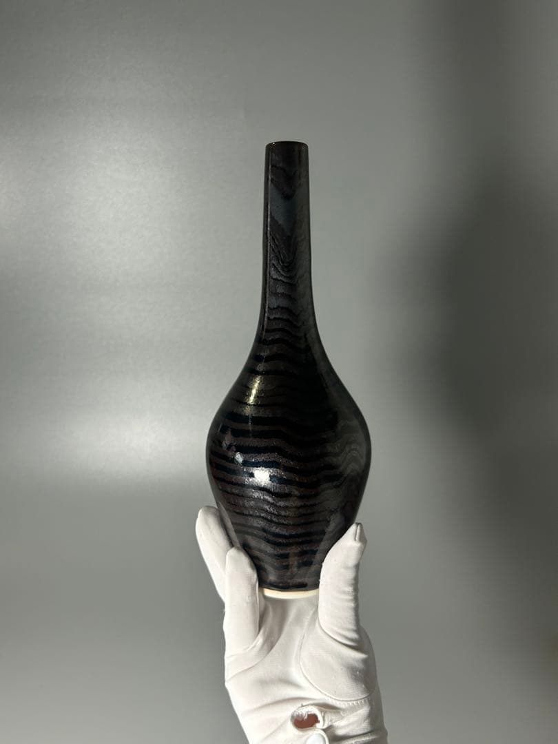 文化勲章受章者青木龍山天目渚鶴首花瓶共箱本物保証傑作高さ26㎝