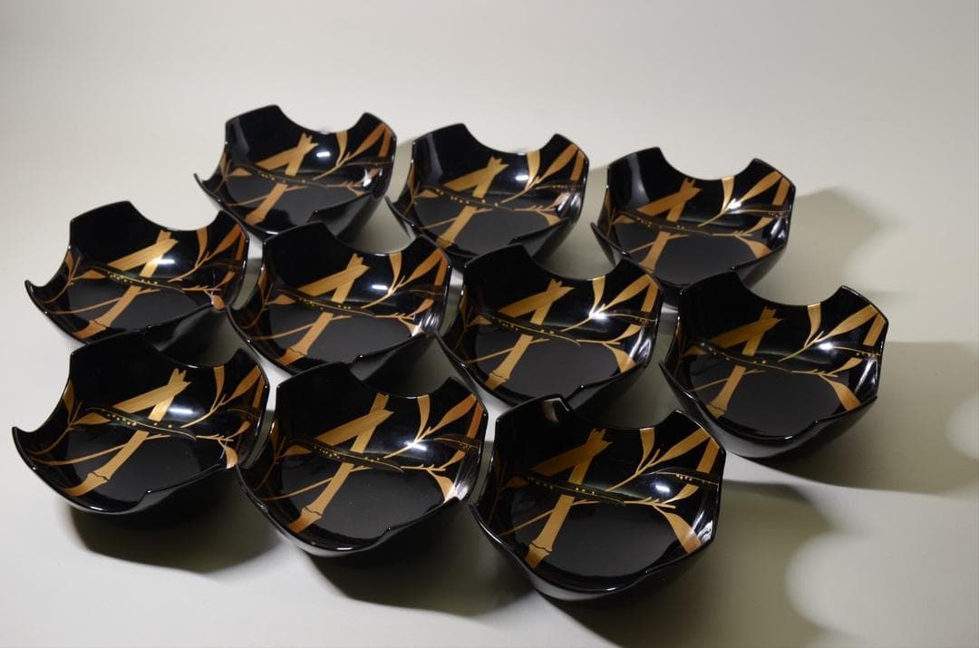 昭和時代　塗物　向付　笹図　割山椒風　10客組　アンティーク　骨董品 b