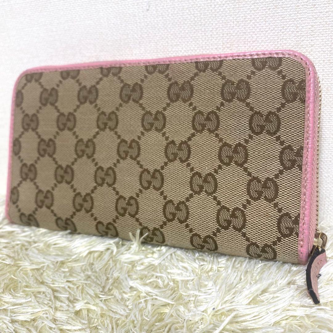 美品✨ GUCCI グッチ 折り財布 GGキャンバス ラウンドジップ ピンク
